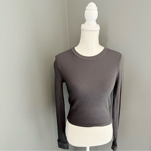 Monrow Thermal Gray Long Sleeve Minimalist Crewneck Boho Casual Top Sz Large - Picture 2 of 11